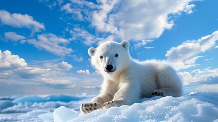 An adorable baby polar bear cub relaxes on an ice floe under a bright blue sky with scattered fluffy clouds.