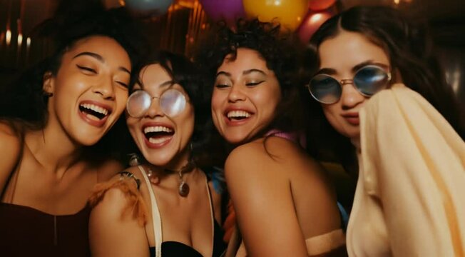 A group of four friends is enjoying a night out, smiling and laughing together. They are dressed in trendy outfits and wearing sunglasses, creating a fun and vibrant atmosphere