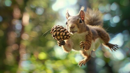 Obraz premium A tiny baby squirrel nibbles on a pine cone while floating peacefully above a lush green forest under a clear sky.