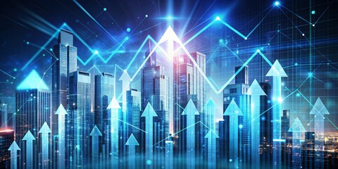 Cityscape with Upward Trend Arrows, Business Success Concept, Digital Art