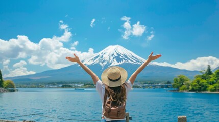 happy tourists Woman enjoying spreading her arms on Lake Kawaguchiko with Mount Fuji in Japan spring and summer For traveling on holidays in Japan