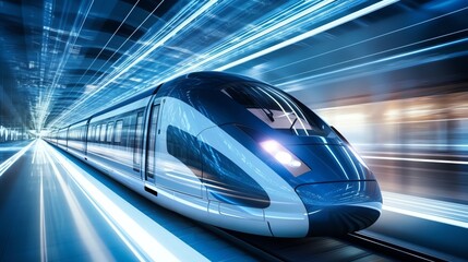 Fototapeta premium Highspeed train in motion close up, focus on, copy space Sleek and modern Double exposure silhouette with train