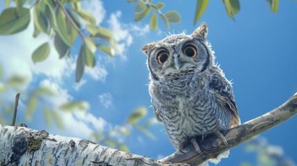 Obraz premium A small, curious baby owl gazes inquisitively from a tree branch under a clear blue sky with soft, wispy clouds.