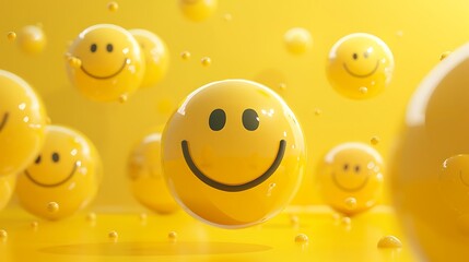 Yellow spheres textured with happy face emoji surrounded by other happy face emojis on yellow background