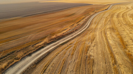 Naklejka premium An empty trail winding through rural wheat fields and plowed fields, viewed from above.