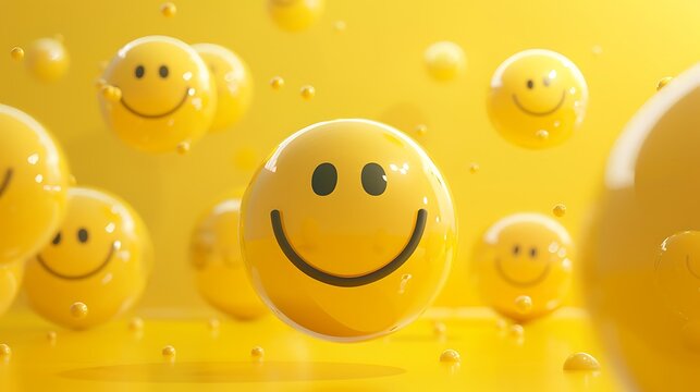 Naklejki Yellow spheres textured with happy face emoji surrounded by other happy face emojis on yellow background