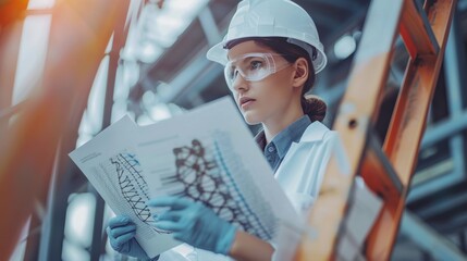 Human cell biology, DNA helix, molecular structure. Illustration. Indian female engineer working with documents at job site.