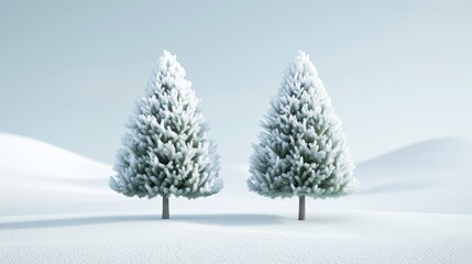 A pair of snow-covered evergreen trees standing tall in a snowy landscape, 8k, focus cover all object, deep dept of field