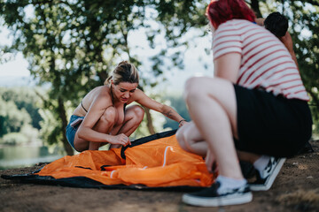 Group of friends working together to set up a tent during a camping trip in a beautiful nature environment.