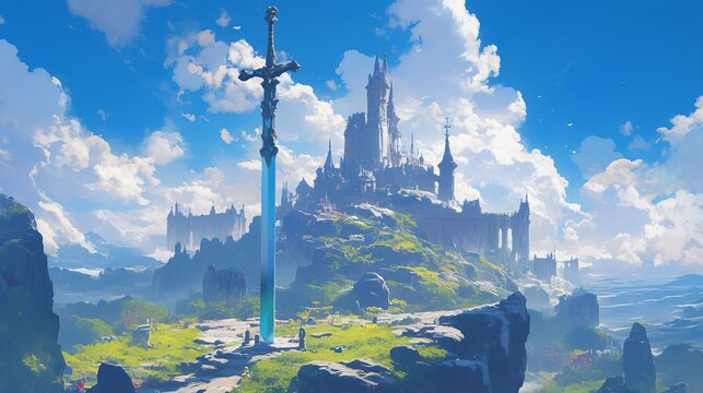 Holy sword Excalibur and Camelot Castle background