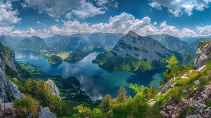 Impressive fairytale mountain lake in the Austrian Alps colorful scenery Panoramic view of the beautiful mountain landscape in the Alps with Grundlsee lake.