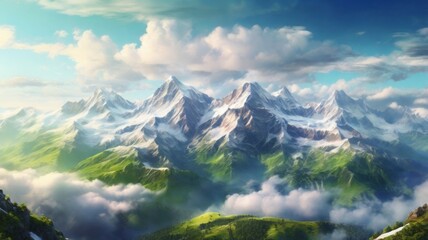 digital art of a stunning mountain landscape viewed from above