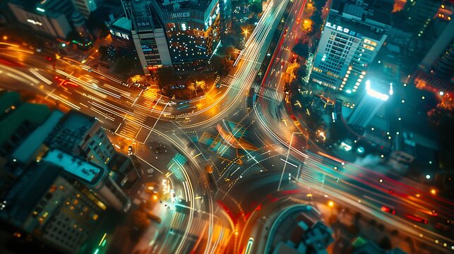 Dare to think: A dynamic city intersection at night, with vibrant lights and motion, capturing the energy of innovation and creativity. Copy space for text, focus cover all aspects, deep depth of