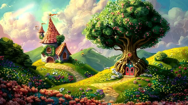 Fantasy landscape with castle and magical tree. Seamless looping time-lapse 4k video animation background