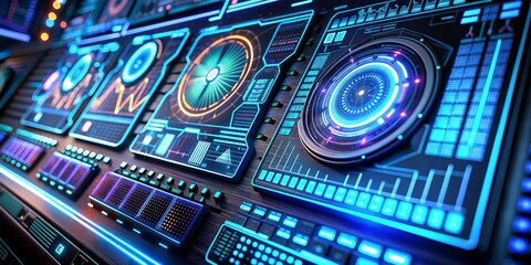 Obraz premium Futuristic Control Panel with Blue and Orange Neon Lights - Sci-Fi Technology Interface Design