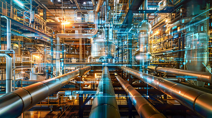 Fototapeta premium Industrial plants with mixed holographic images showcasing modern technology and advanced machinery