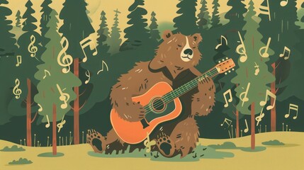 A bear playing a country guitar, set against a forest background with trees forming treble clefs and musical notes in cartoon style.