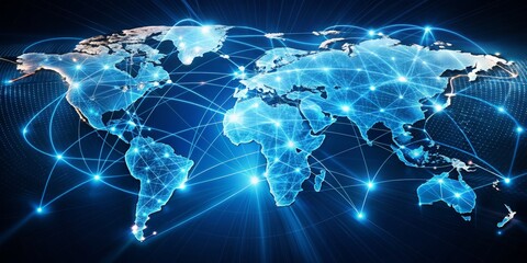 Fototapeta premium Global Network Connection - Digital World Map with Glowing Lines