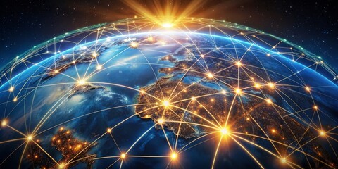 Fototapeta premium Global Network Connection - Earth with glowing lines, night view, technology concept