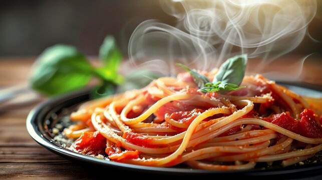 Steaming plate of spaghetti with tomato sauce and basil, food, Italian cuisine