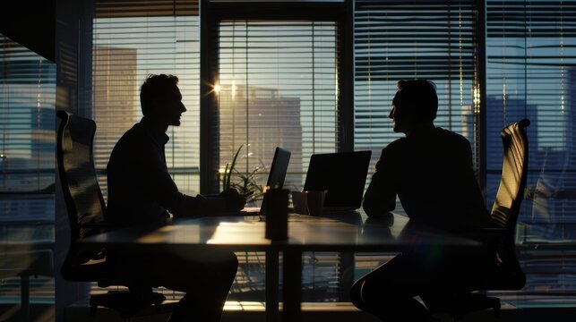Managers silhouette, overseeing legal operations, backlit office, mid angle, photorealistic