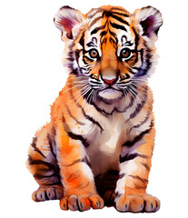Obraz premium Watercolor illustration of a tiger cub with orange and black stripes on a white background.