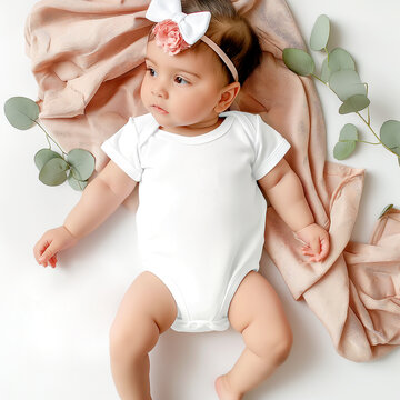 Infant girl mockup, top front view. Infant in white body suit mock up. Laying baby gitl with bow headknot. Newborn, infant, toddler clothes, blank here your design template