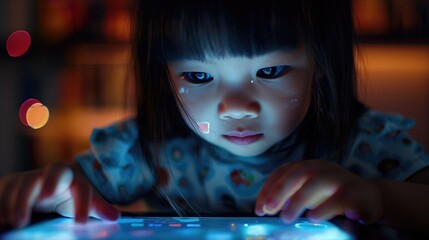 Little asian preschool or primary school girl sitting at night with futuristic digital overlay technology tablet as new way of teaching concept