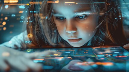 Little caucasian preschool or primary school girl sitting at night with futuristic digital overlay technology tablet as new way of teaching concept