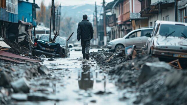 Man walking amidst the devastation of a muddy flood 