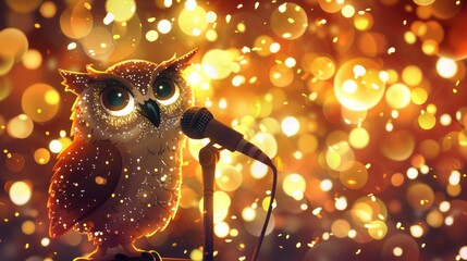 A cartoon style owl crooning into a microphone, set against a backdrop of bright, sparkling glitter bokeh, creating a magical and captivating scene.