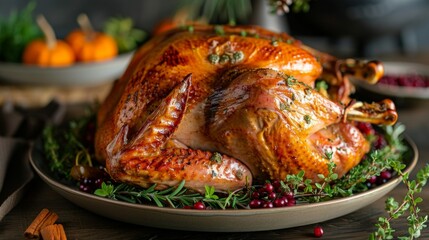 Thanksgiving Roast Turkey: A perfectly golden-brown whole roast turkey on a platter, surrounded by fresh herbs like rosemary and thyme, with a background of a festive dining table.