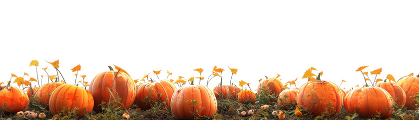 A lively pumpkin patch brimming with bright orange pumpkins and yellow flowers. This scene captures the vibrant essence of the autumn harvest season.