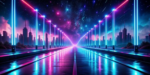 Neon Cityscape with Glowing Lights and Stars 3D Illustration