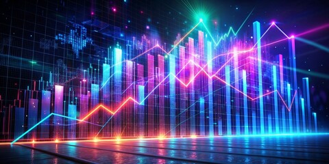 Neon Stock Market Graph with 3D Bar Chart and Glowing Lines