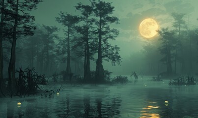 A foggy, moonlit swamp with eerie trees and glowing orbs, with plenty of space on the left for text