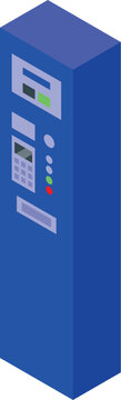 Blue parking meter accepting payment with slot for bills and credit card reader