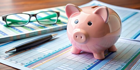 Piggy Bank on Spreadsheet - Financial Planning, Saving Money, Budget, Investment, Business