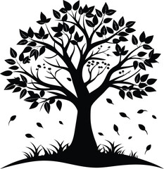 Tree fall leavs silhouette black and white illustration 