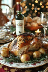 Thanksgiving Roast Turkey: A perfectly golden-brown whole roast turkey on a platter, surrounded by fresh herbs like rosemary and thyme, with a background of a festive dining table.