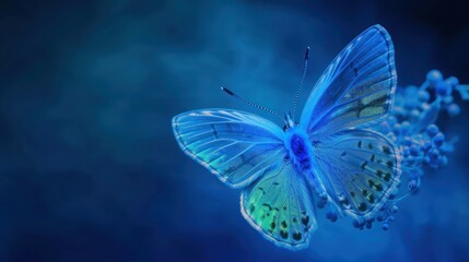 A cyan butterfly with subtle blue and green hues, illuminated by a cyan neon light on a deep blue background.