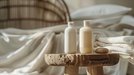 A bottle of shampoo is placed on top of an oak stool, surrounded by white fabrics and wood textures.