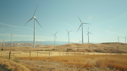 Wind turbines rise above the earth in a rural landscape, harnessing renewable energy as they rotate. This symbolizes sustainable energy practices and green technology, prioritizing environmental conse