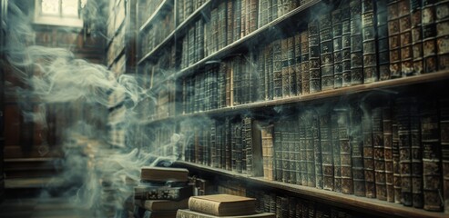 A haunted library with dusty old books and ghostly apparitions, with empty space on the left for text