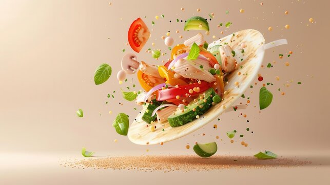Fresh ingredients explode from a tortilla in a creative food photography concept.