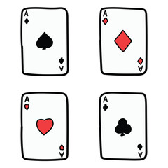 Hand drawn cartoon set of ace playing cards on white background.