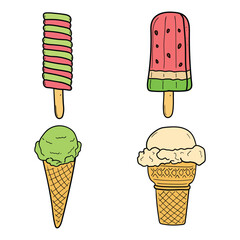 Hand drawn cartoon set of delicious ice creams on white background. Food concept.