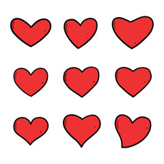 Hand drawn cartoon set of red cute hearts on white background.