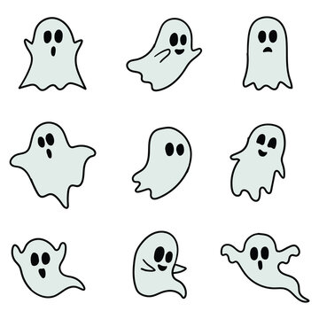 Hand drawn cartoon set of cute ghosts on white background. Halloween concept.