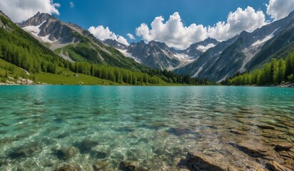 Clear turquoise lake surrounded by snow-capped mountains